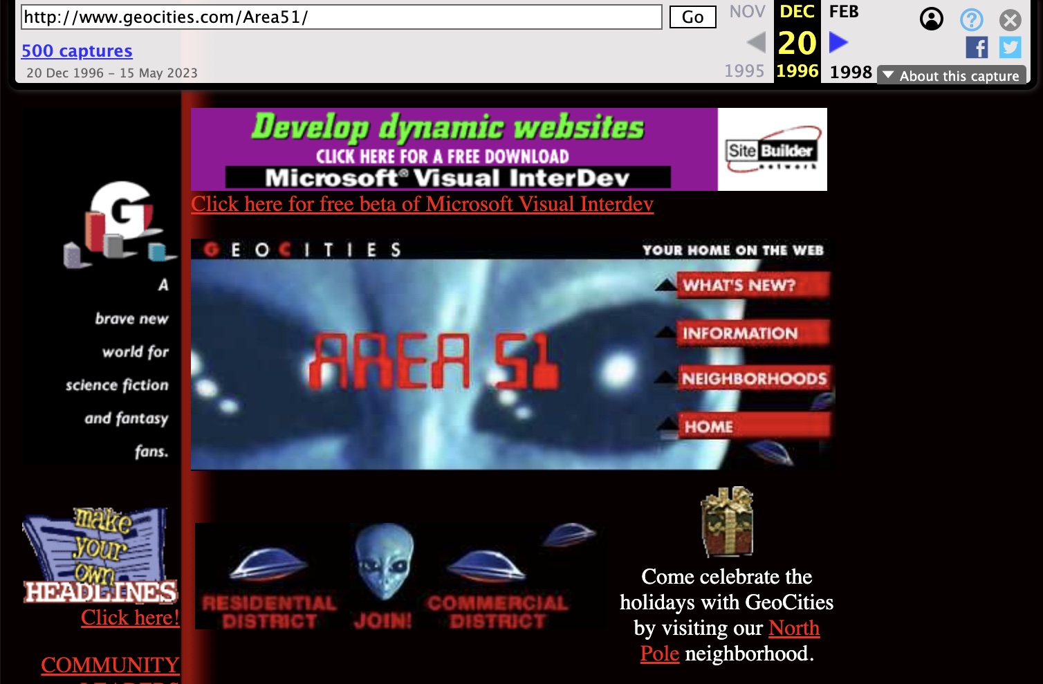 screenshot of a website called Area 51, with buttons in the shape of aliens and UFOs, and text saying 'your home on the web'