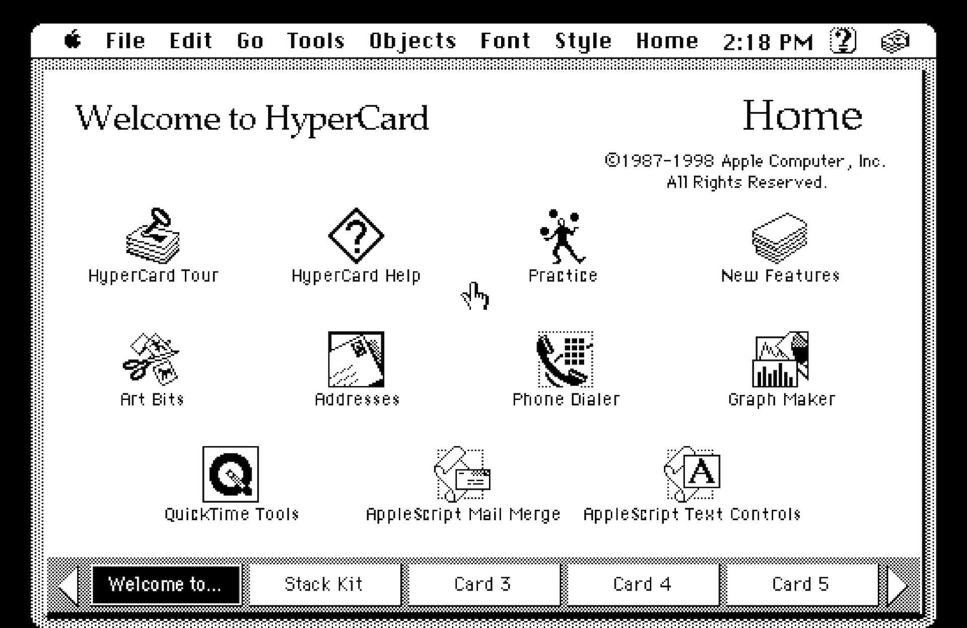 screenshot of an old black and white mac operating system, with pixelated icons and text saying, 'welcome to hypercard'