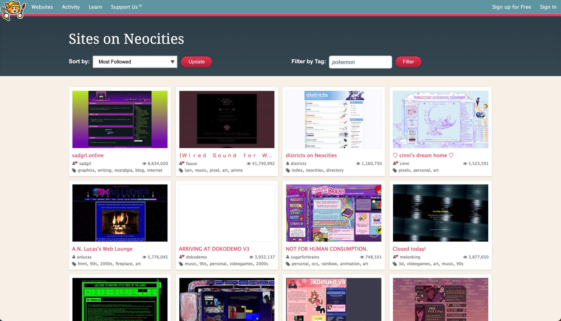 screenshot of the neocities website, showing small thumbnails of creative personal websites